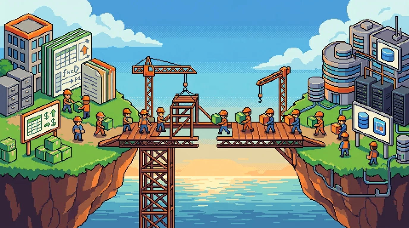 Pixel-art depiction of a structured migration bridge between Airtable and custom application