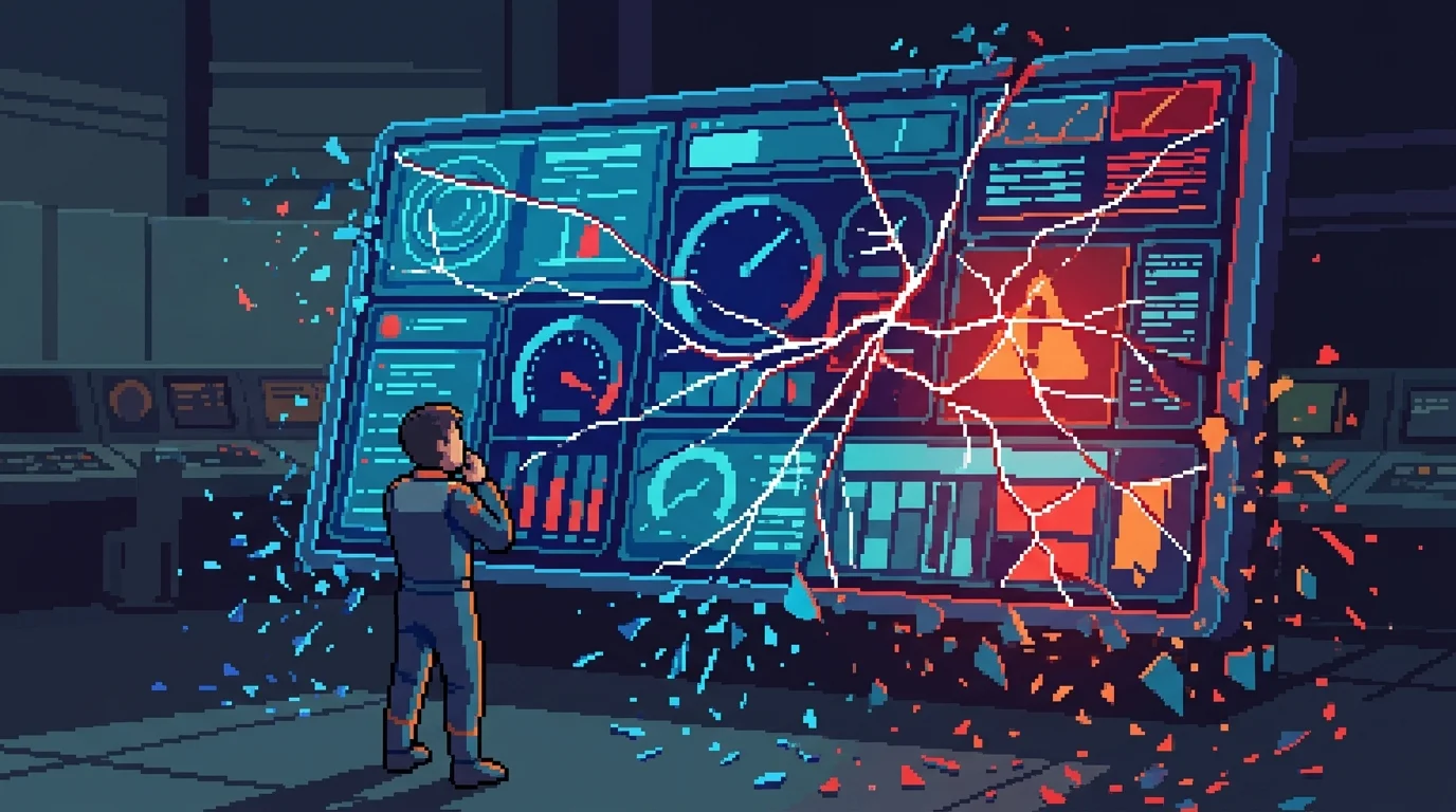 Pixel-art visualization of an Airtable system reaching its breaking point with fragmenting data