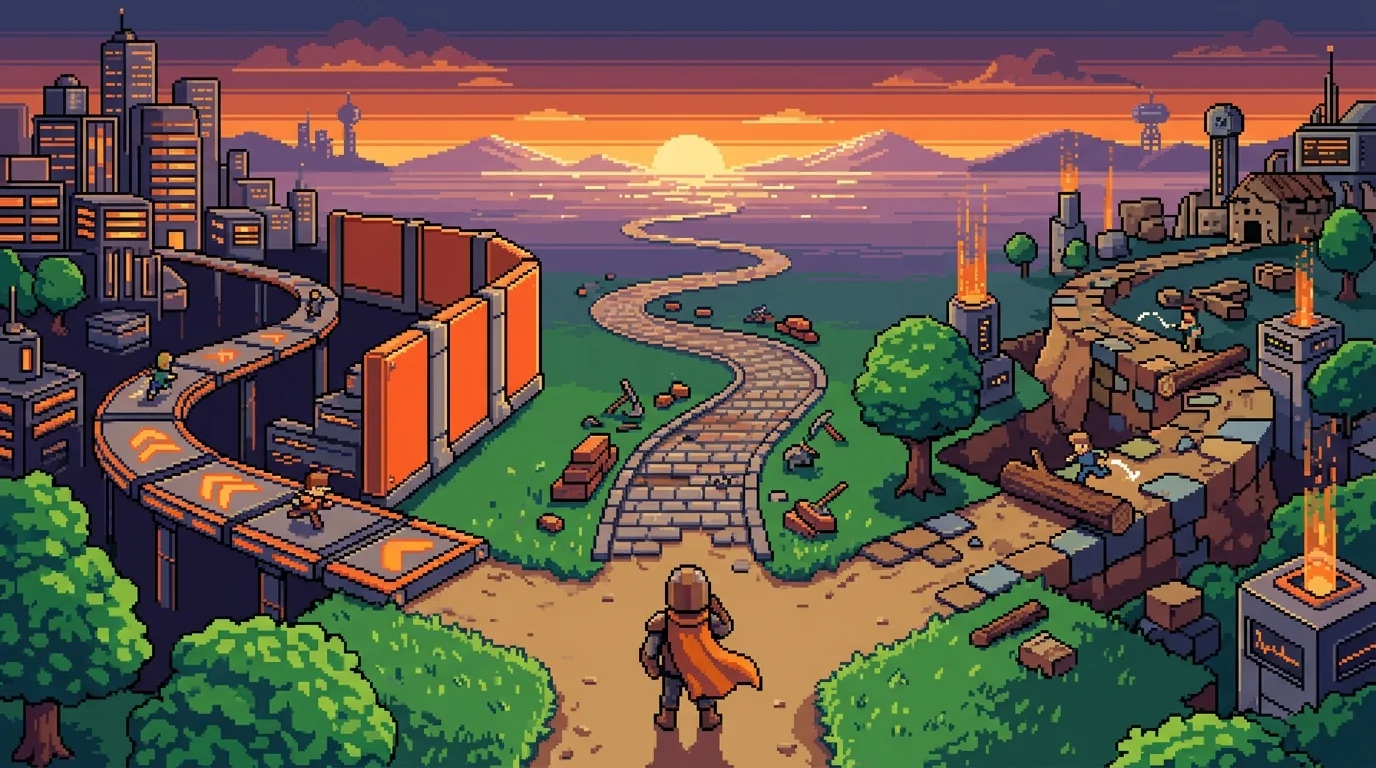 Pixel-art visualization of three technology pathway options with different growth trajectories
