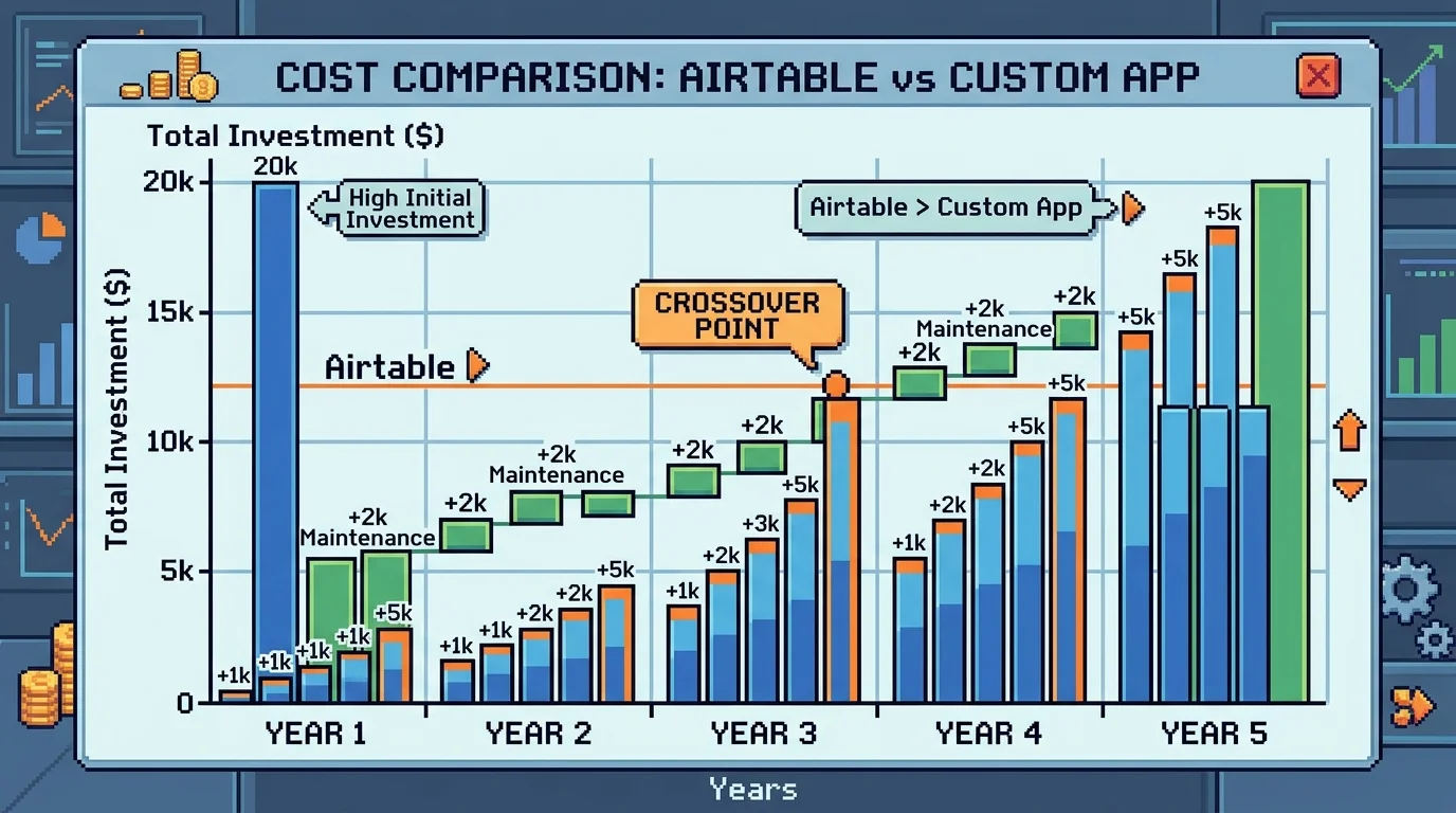 Pixel-art cost comparison graph showing Airtable vs custom app total cost of ownership over time