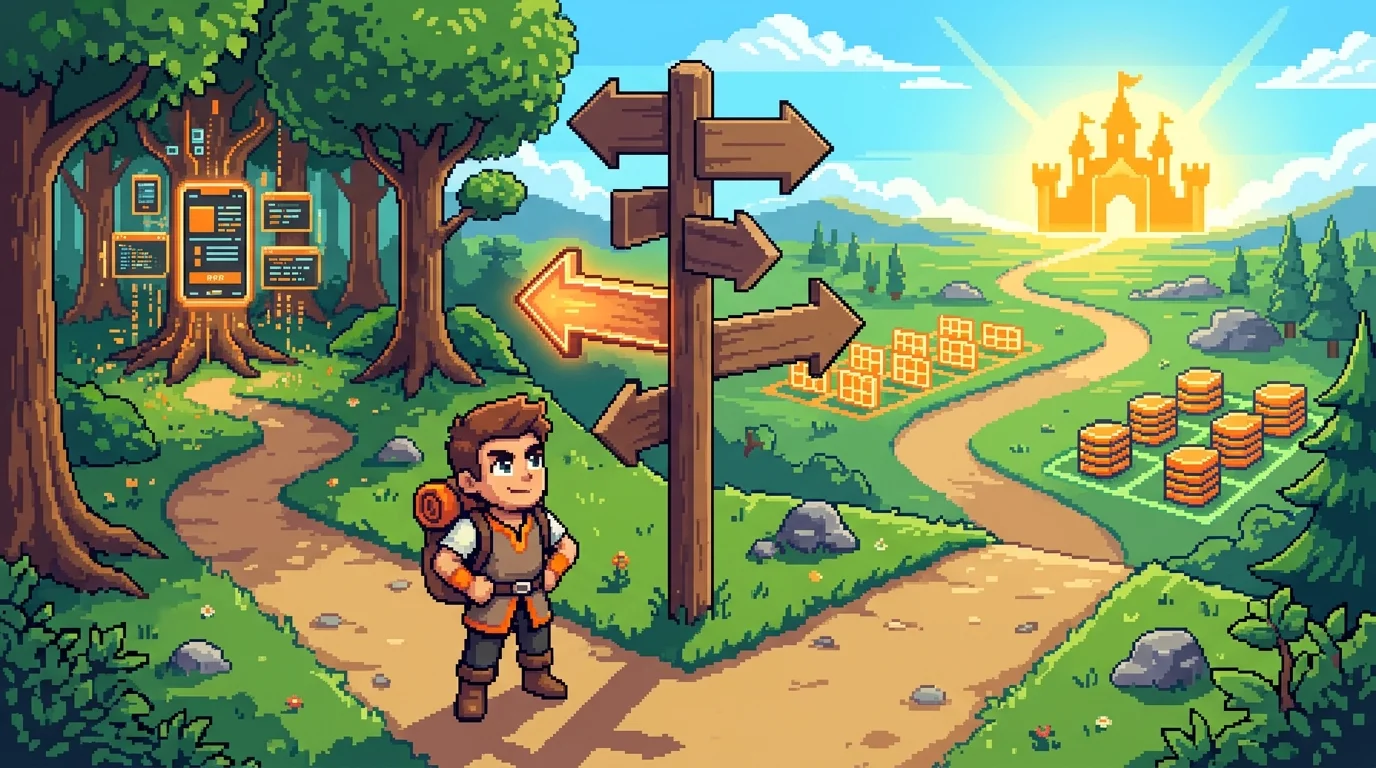 Pixel-art image of a founder at a decision point with multiple successful pathways ahead
