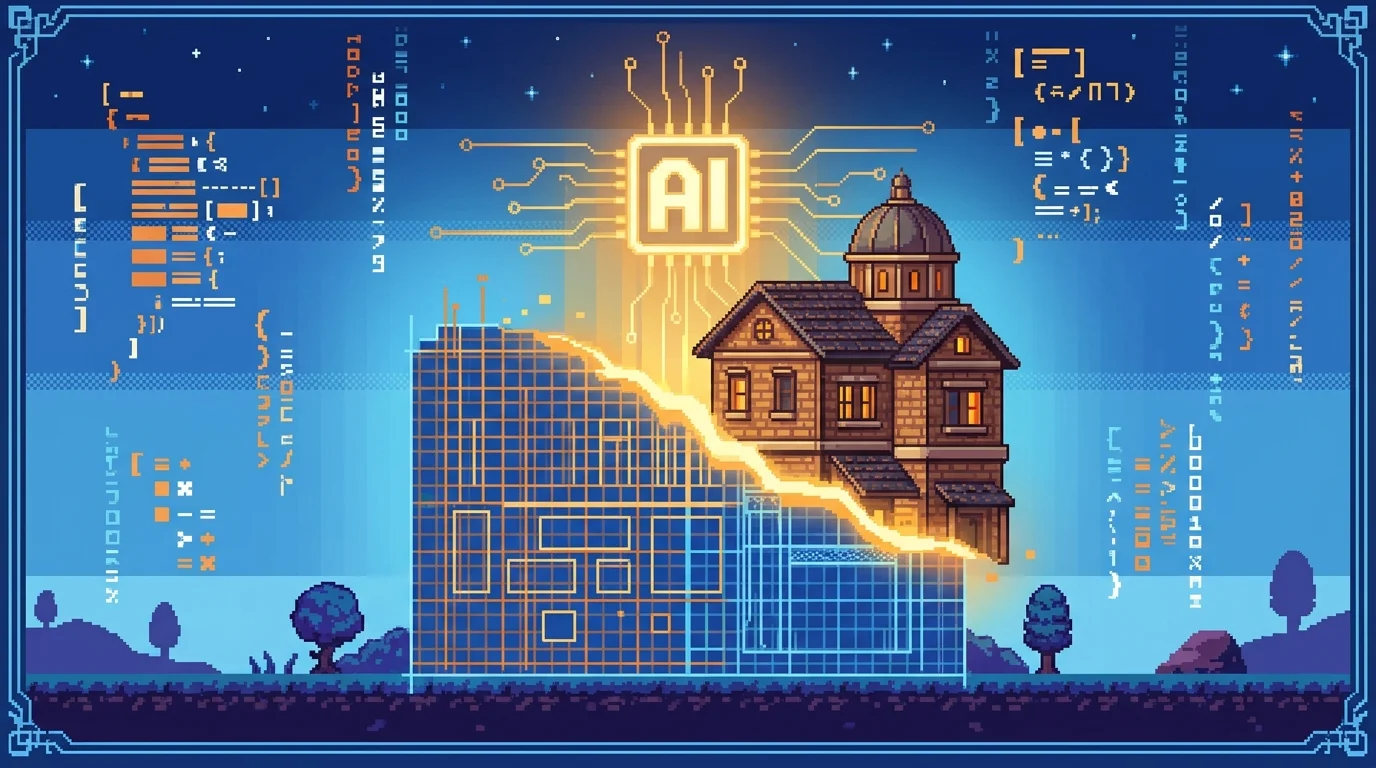 Pixel-art visualization of AI code generation transforming specifications into production-ready applications