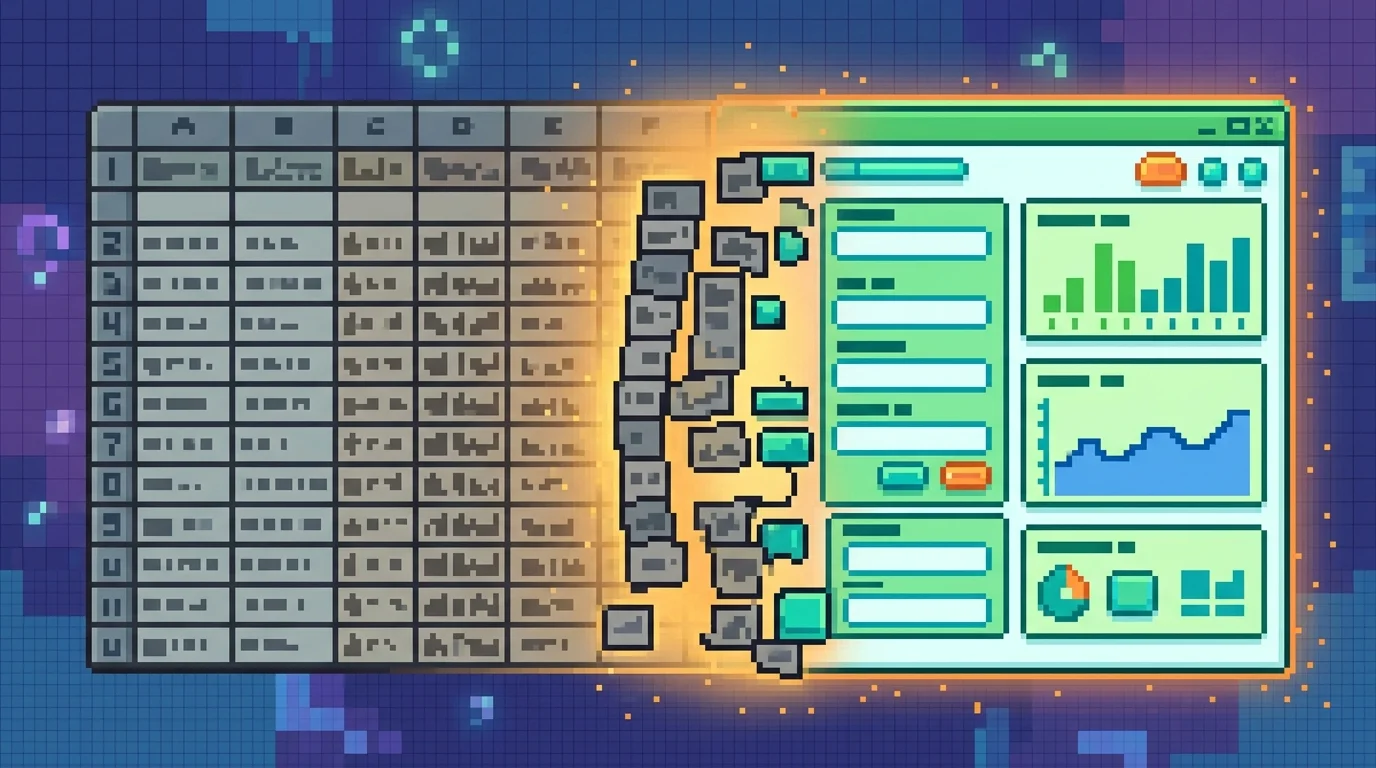 Visual representation of spreadsheet data transforming into a modern web application interface