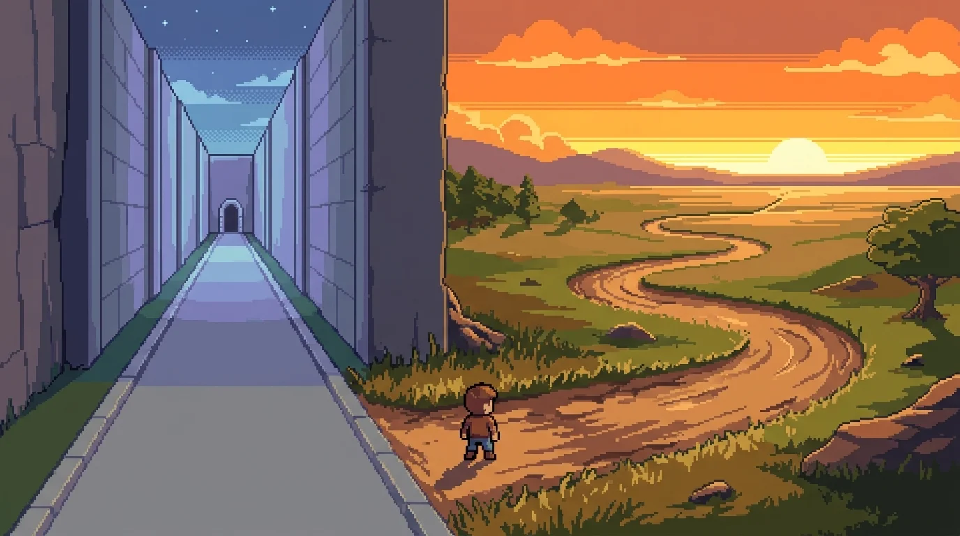 Visual metaphor comparing the constrained path of no-code platforms versus the open potential of custom development