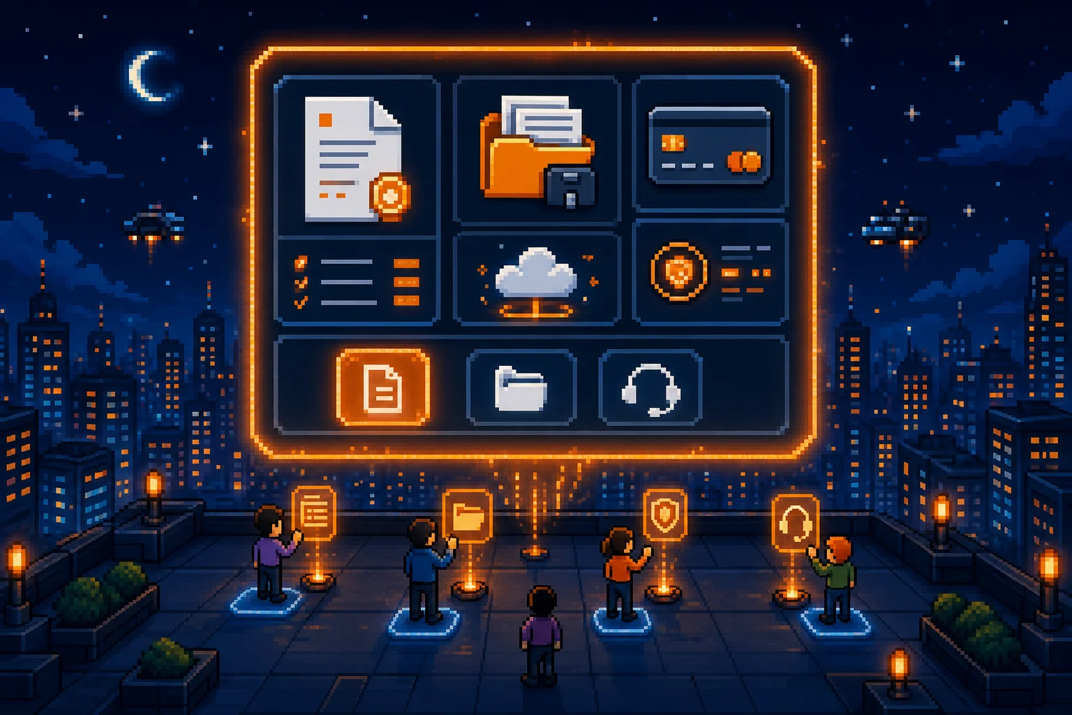 Pixel-art visualization of a self-service client portal reducing manual workload