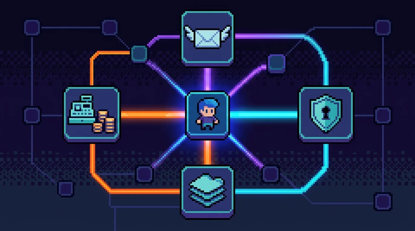 Pixel-art diagram showing integration complexity and multi-system coordination in medium-complexity MVPs