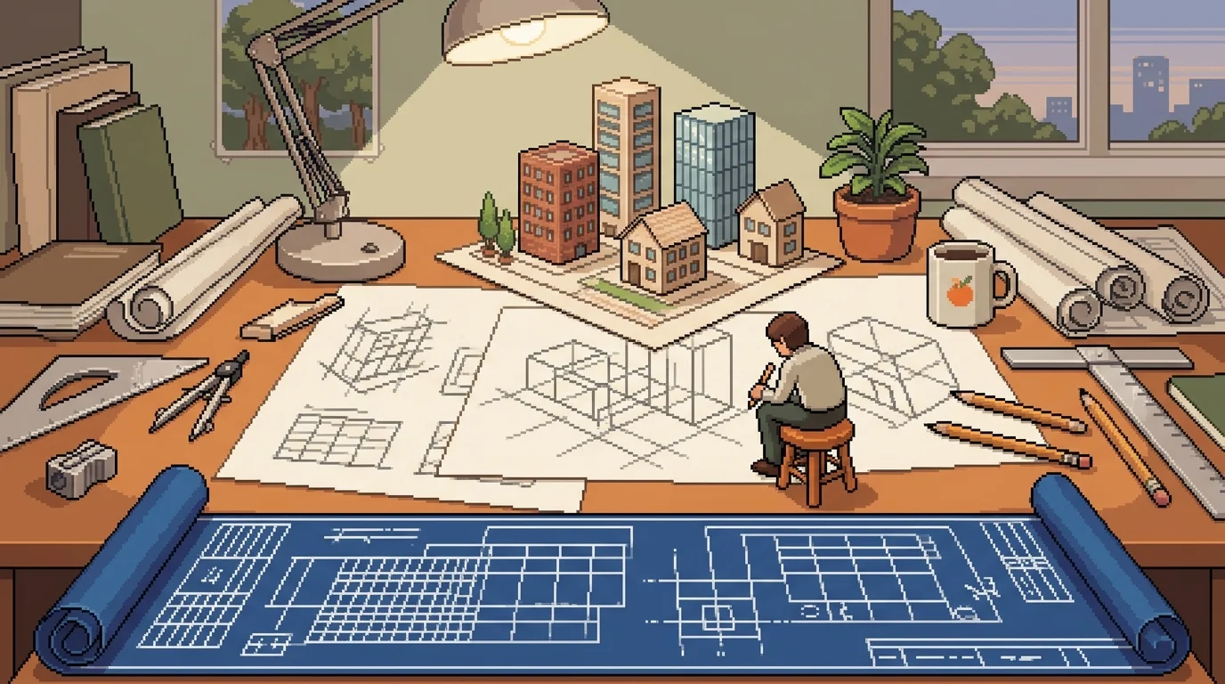 Pixel-art illustration of discovery phase showing blueprints, wireframes, and specifications coming together
