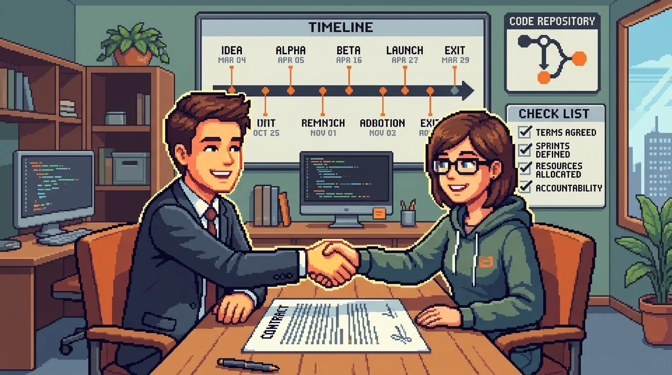 Pixel-art illustration of founder and developer partnership with clear contract and accountability