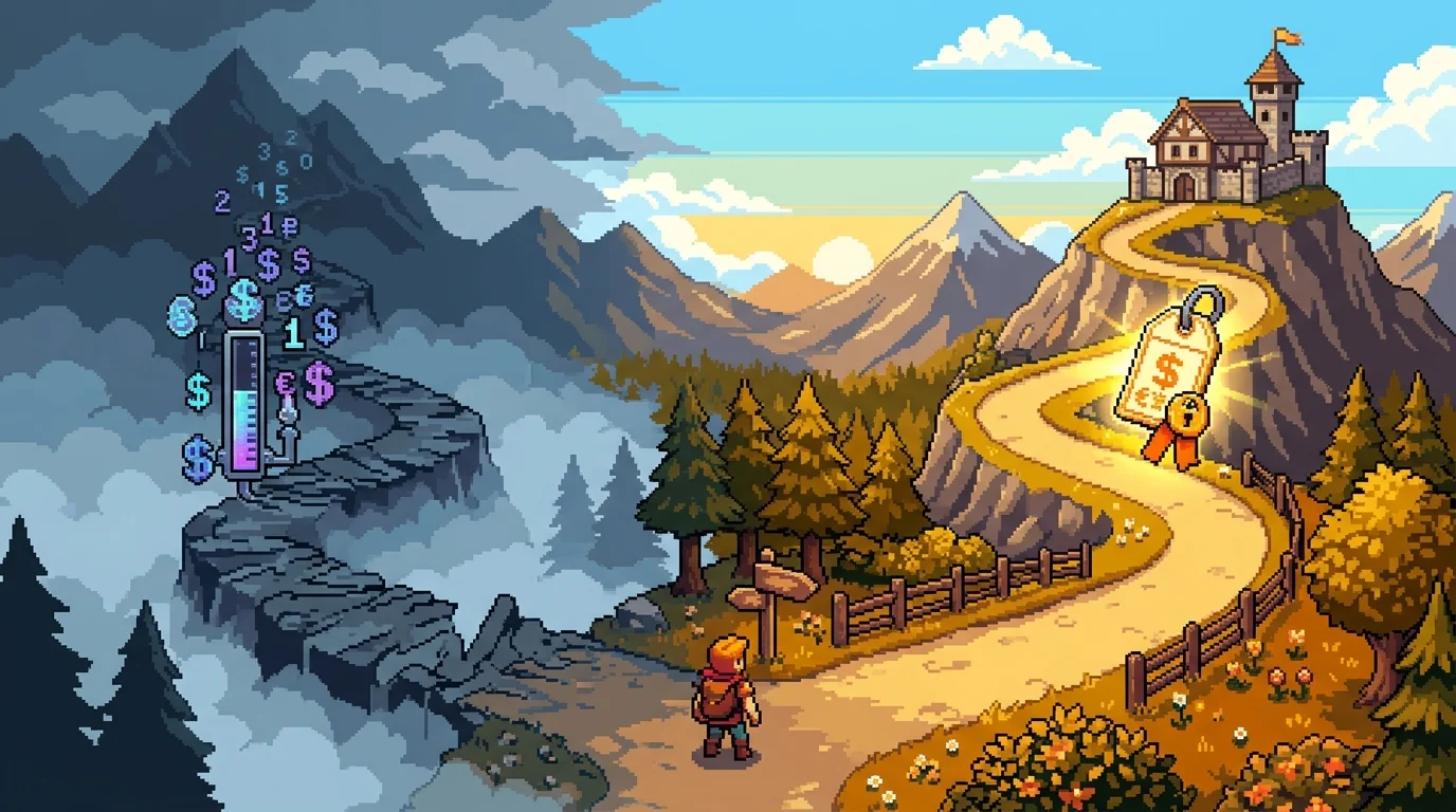 Pixel-art comparison of hourly billing versus fixed-price development costs, showing predictability versus uncertainty