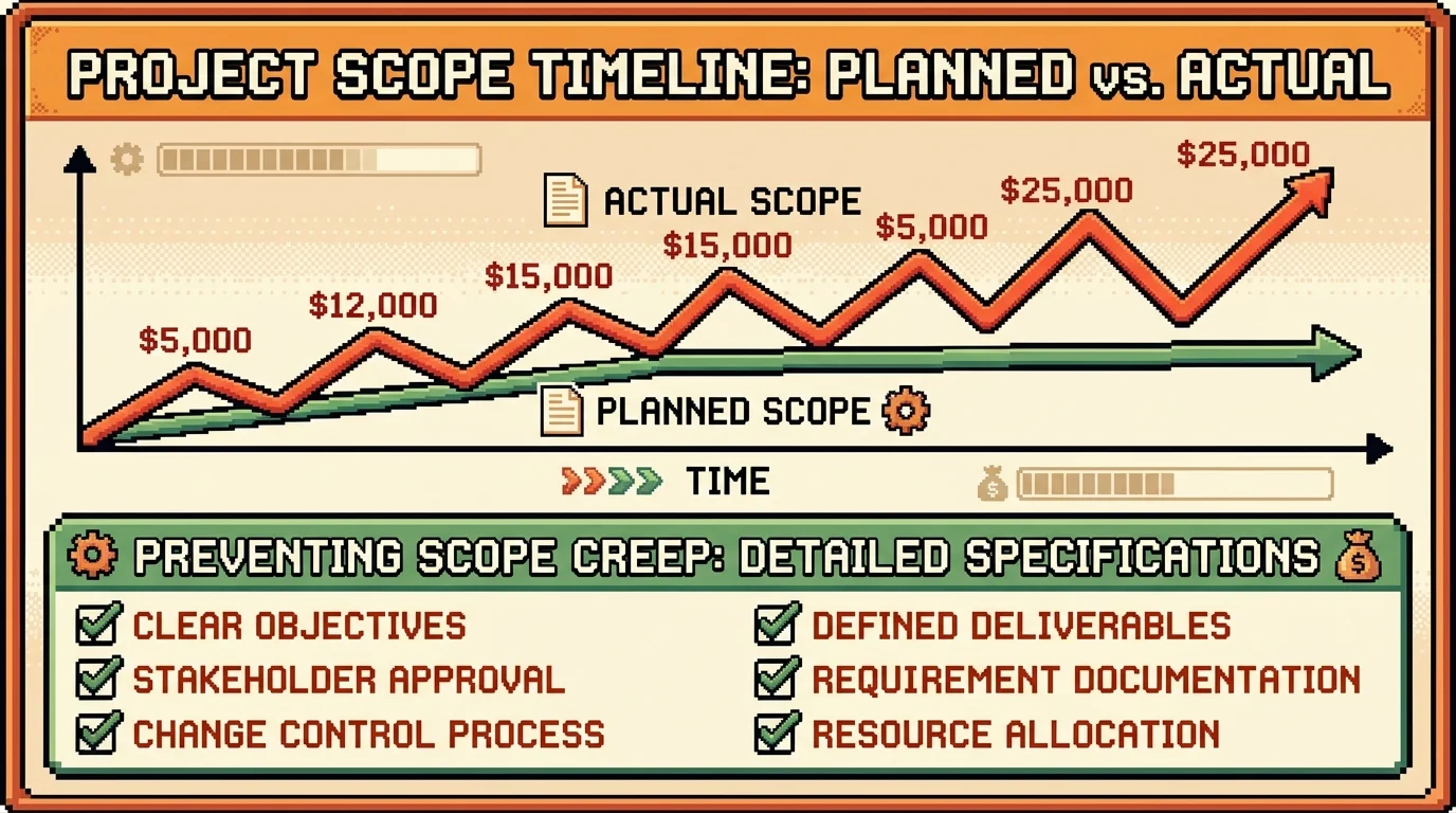 Pixel-art comparison showing cost impact of scope creep versus detailed specification