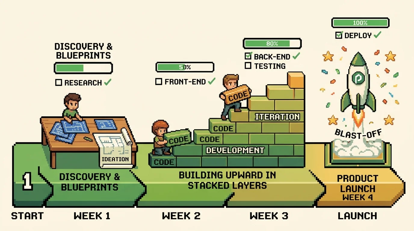 Pixel-art 4-week MVP development timeline showing discovery through launch phases