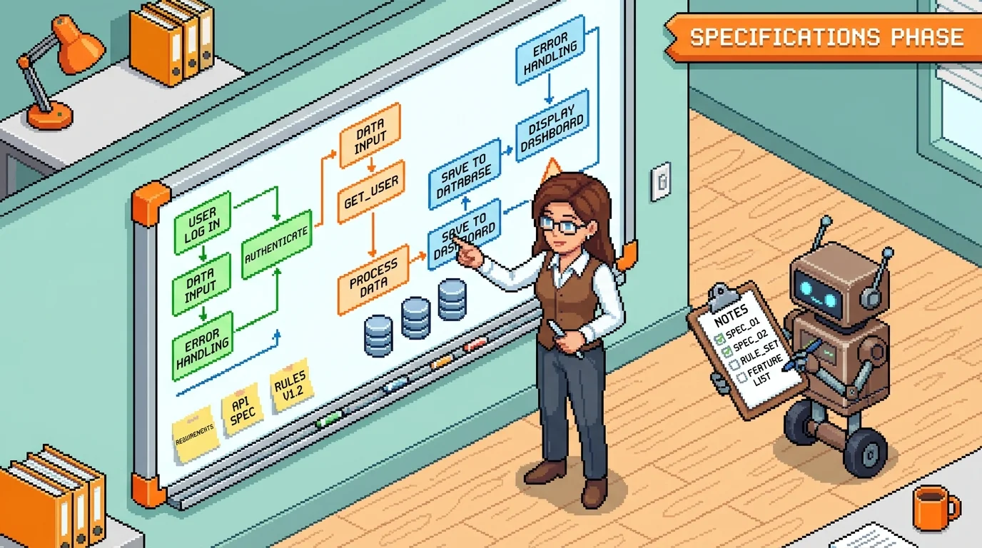Pixel-art founder mapping SaaS specs on a whiteboard with an AI assistant taking notes