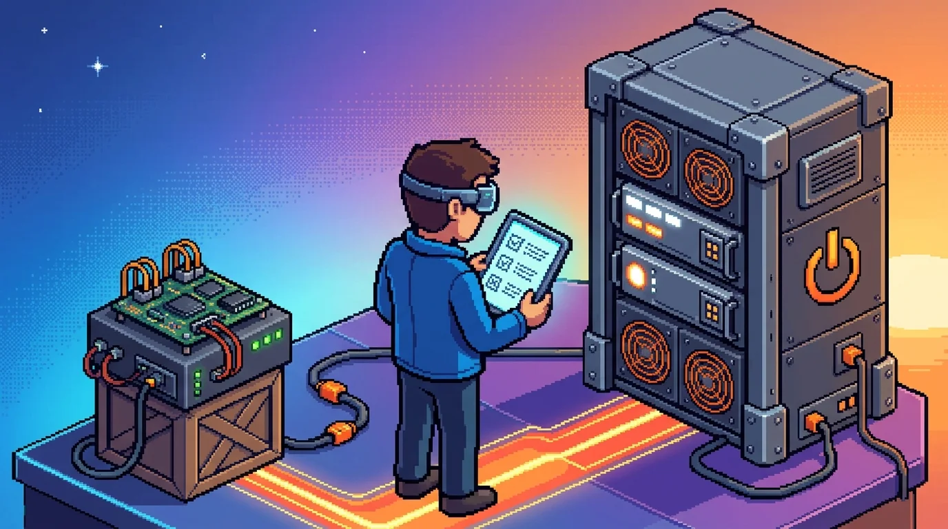 Pixel-art founder holding a production-readiness checklist between a prototype and a robust server setup