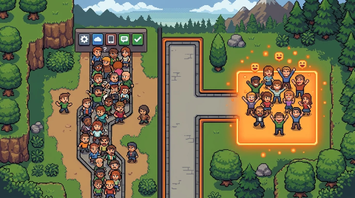 Pixel-art metaphor showing validated SaaS ideas leading to real customers while unvalidated ideas hit dead ends