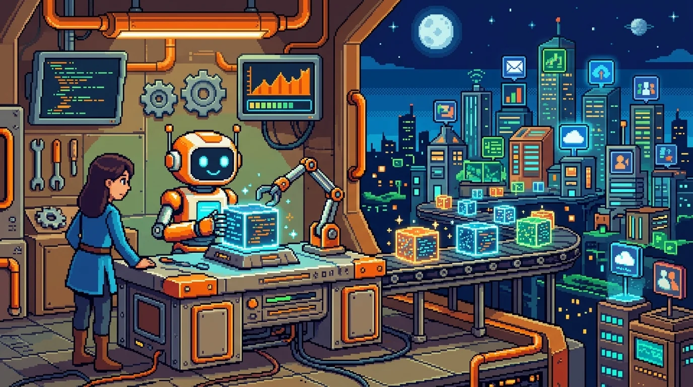 Pixel-art metaphor of an AI assistant helping a founder assemble SaaS applications from code blocks