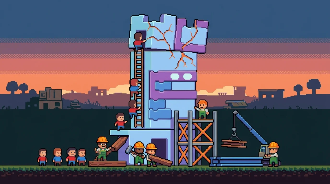 Pixel-art SaaS tower being reinforced by experts as more users climb on