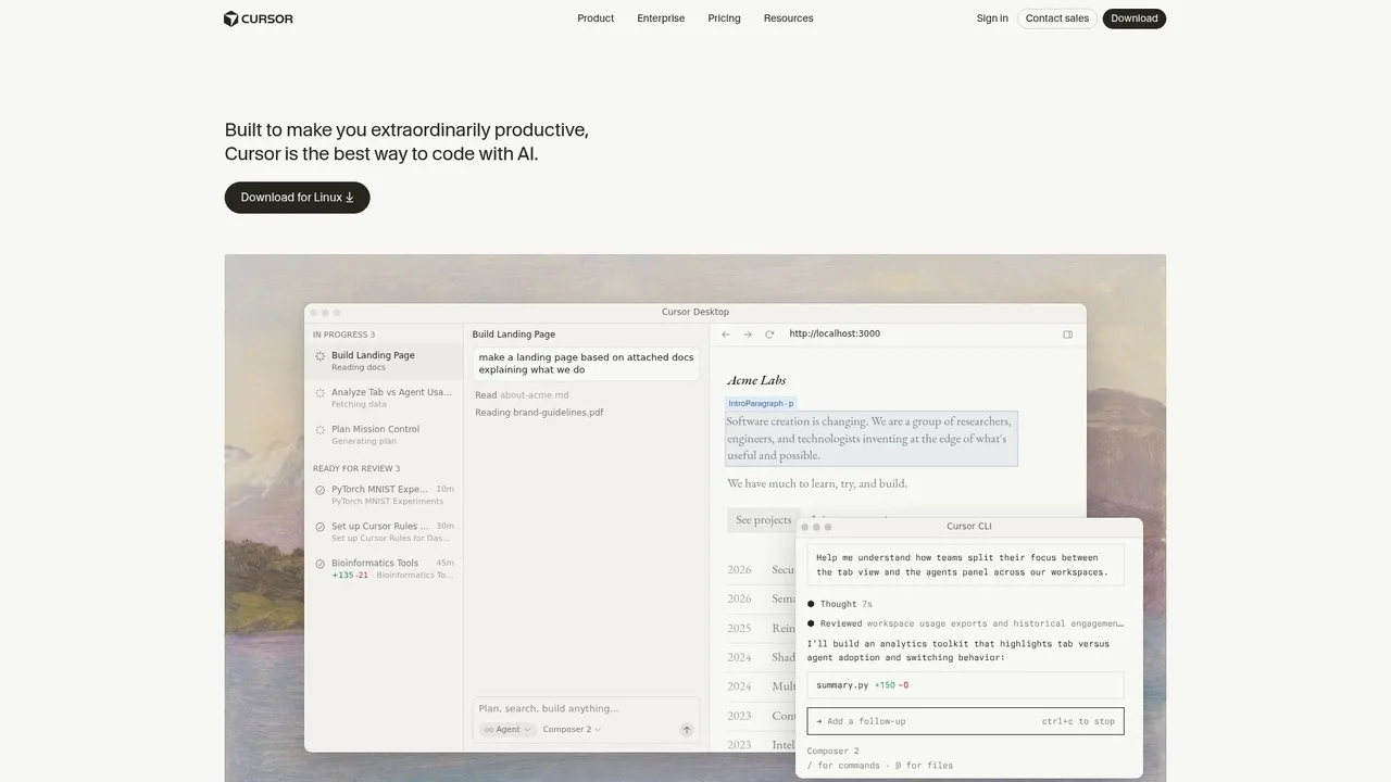 Cursor AI homepage highlighting its AI-powered code editor features