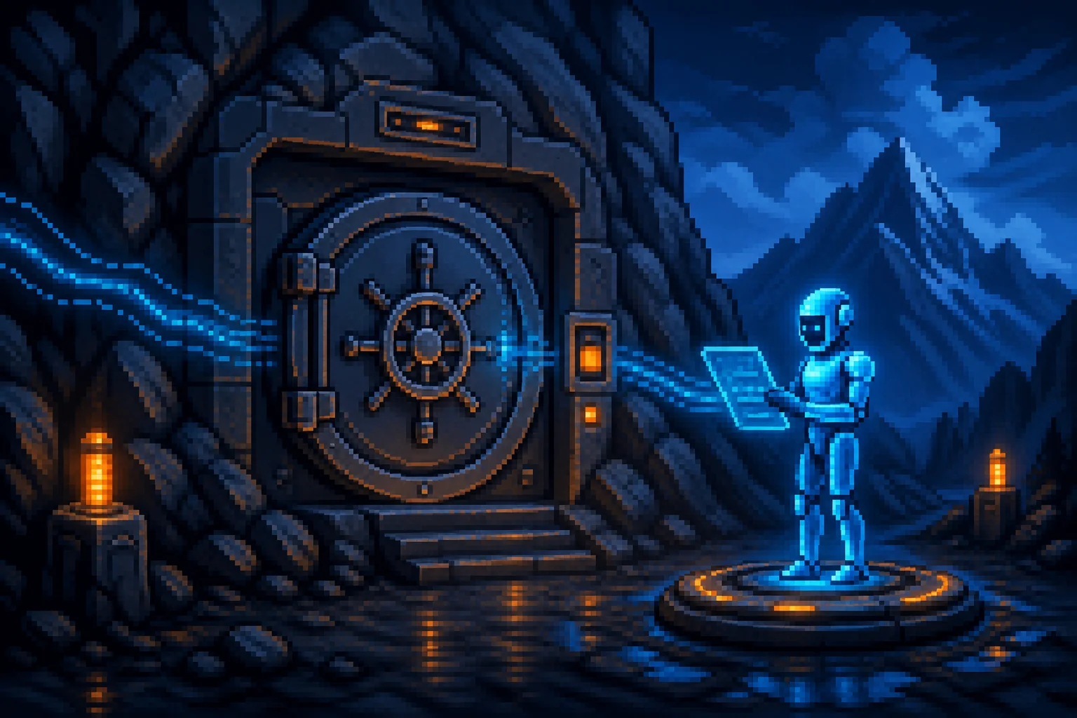 Pixel-art metaphor of a secure vault guarded by an AI assistant enforcing strict access rules