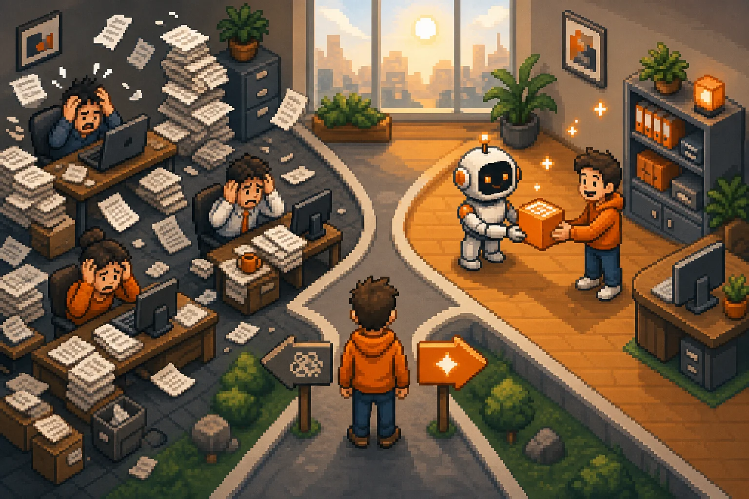Pixel-art illustration contrasting chaotic document overload with a streamlined AI assistant solving specific use cases