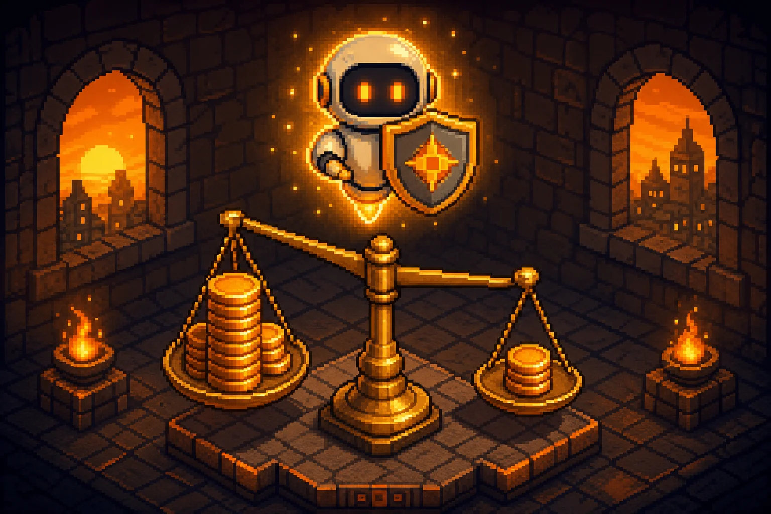 Pixel-art illustration of a cost-value balance showing upfront investment versus ongoing expenses for a secure AI assistant