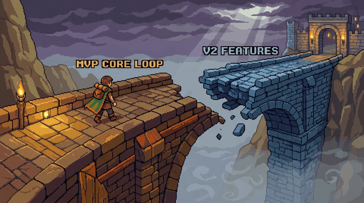 Pixel-art illustration of a complete MVP path versus a broken, overbuilt alternative