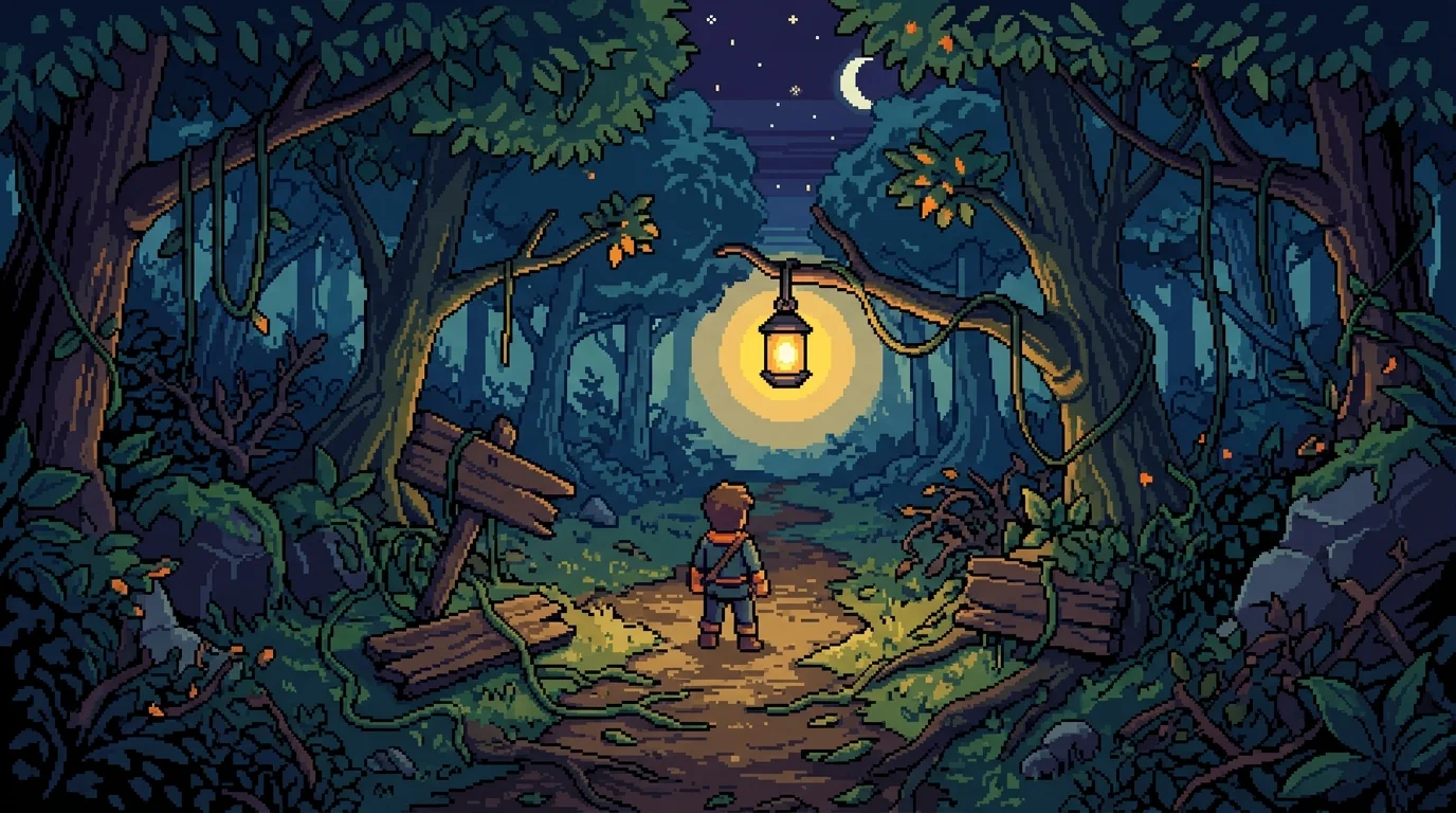 Pixel-art lantern in dark forest, highlighting one clear path amid cluttered side trails labeled with deferred marketplace features