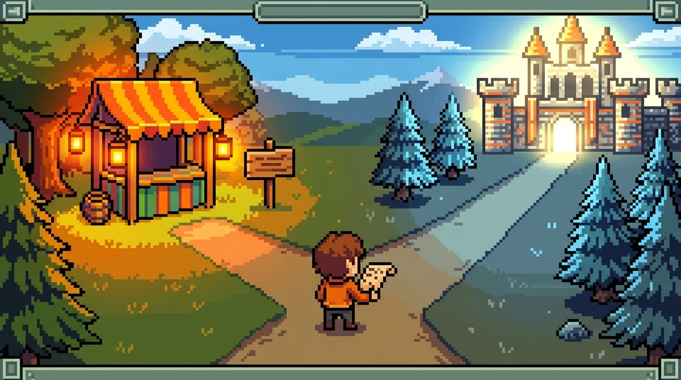 Pixel-art crossroads decision: landing page vs. MVP path for startup founders