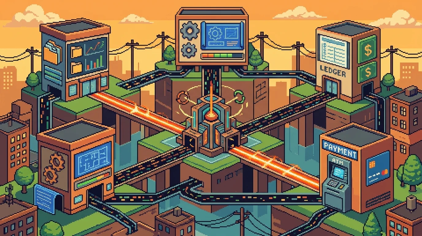 Pixel-art illustration of integrated business systems connected through a central portal
