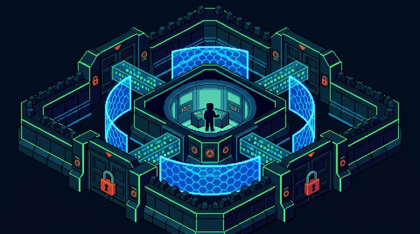 Pixel-art illustration of a secure vault with layered security protections and encrypted data streams