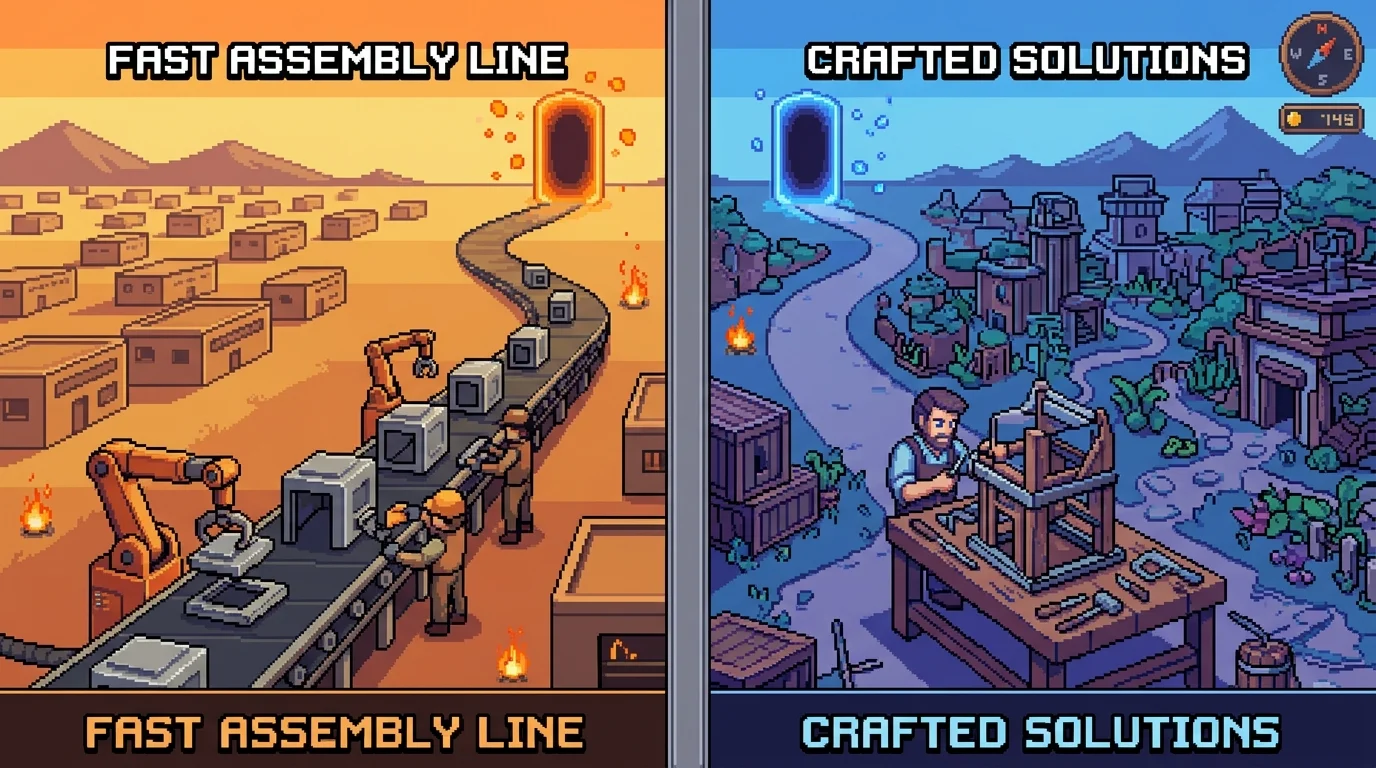 Pixel-art comparison of off-the-shelf versus custom development paths