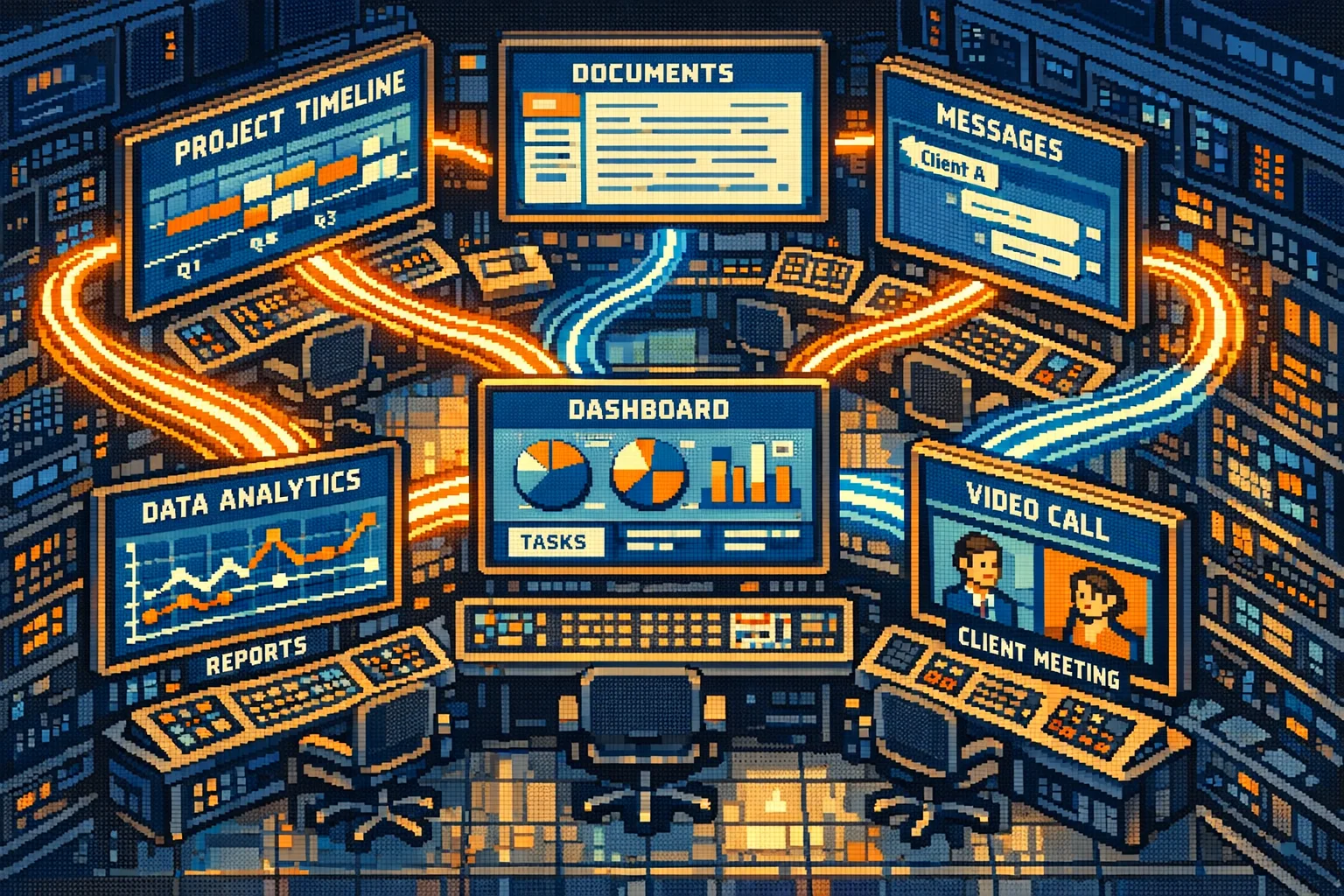 Pixel-art illustration of a centralized command center with multiple glowing data streams and interconnected systems