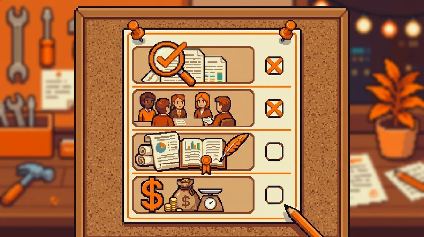 Pixel-art checklist representing pre-development steps for a startup idea