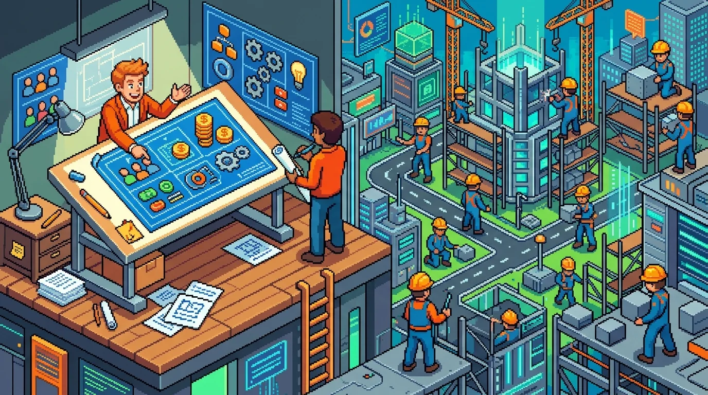 Pixel-art metaphor showing a founder planning a product while engineers build it in the background