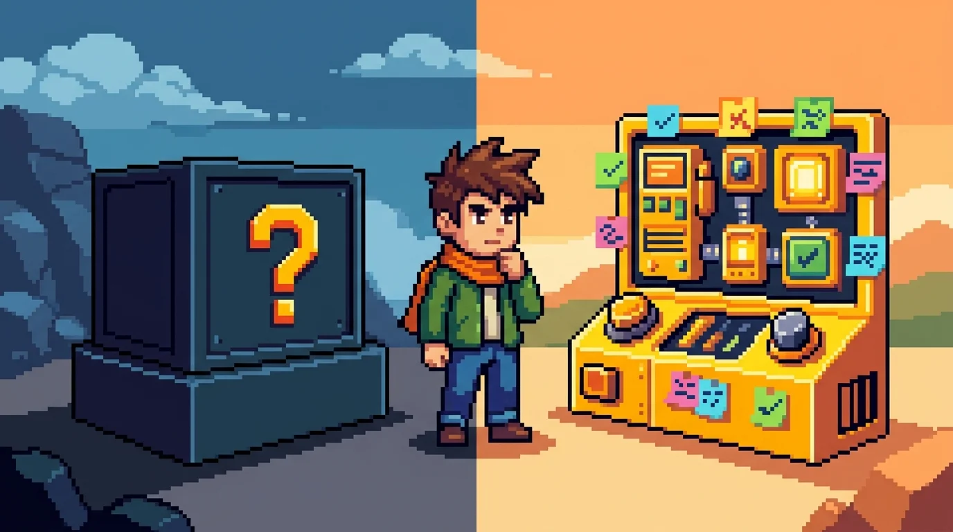 Pixel-art comparison of black-box development versus transparent, iterative product building