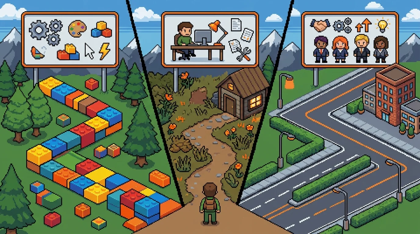 Pixel-art split-screen showing three different paths to build a startup product