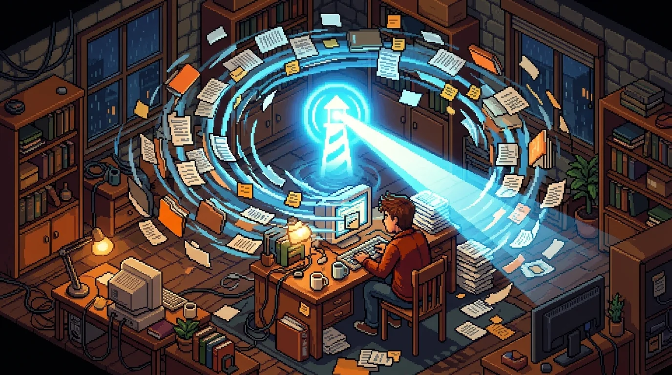 Pixel art illustration of a founder surrounded by scattered documents with an AI assistant bringing order to the chaos