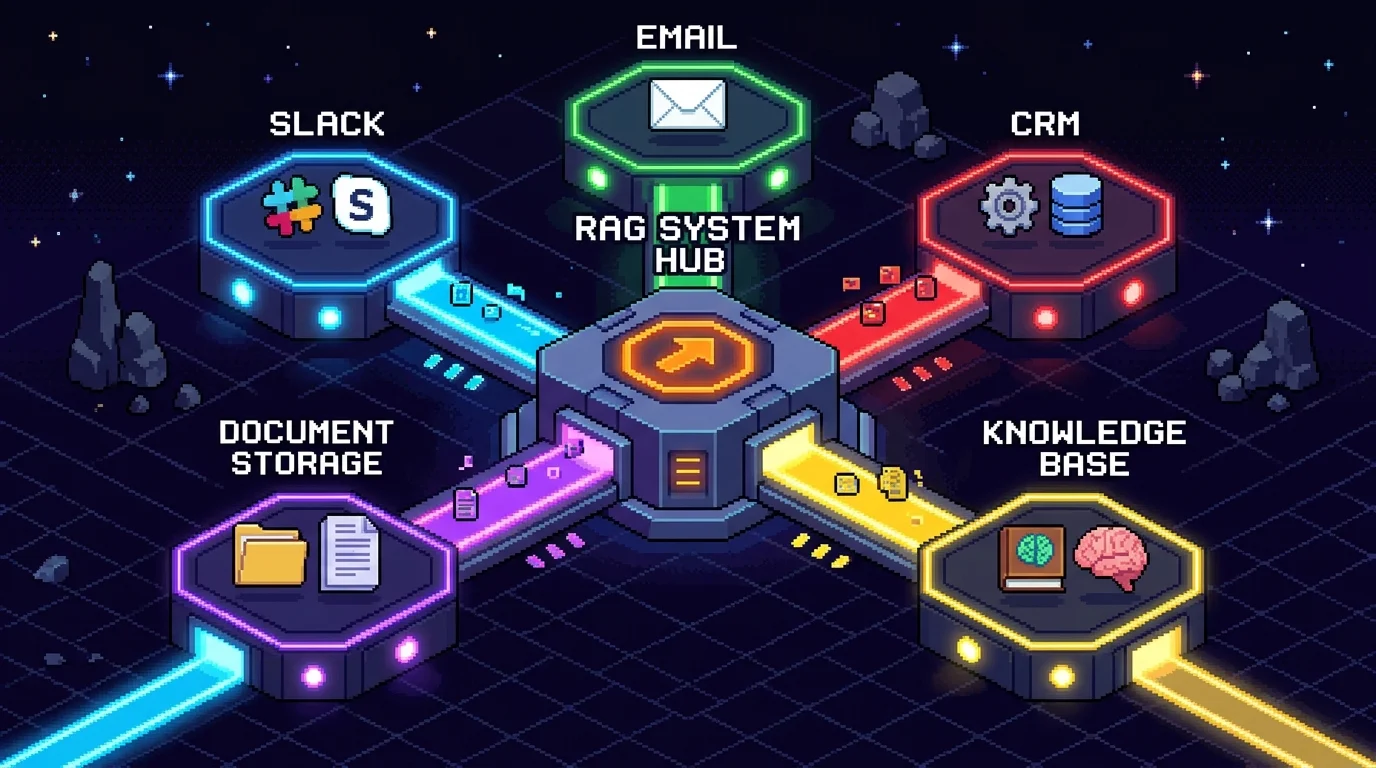 Pixel art diagram of RAG system integrated with multiple business tools