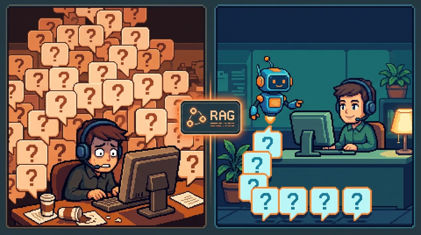 Pixel art comparison of support workload before and after implementing RAG