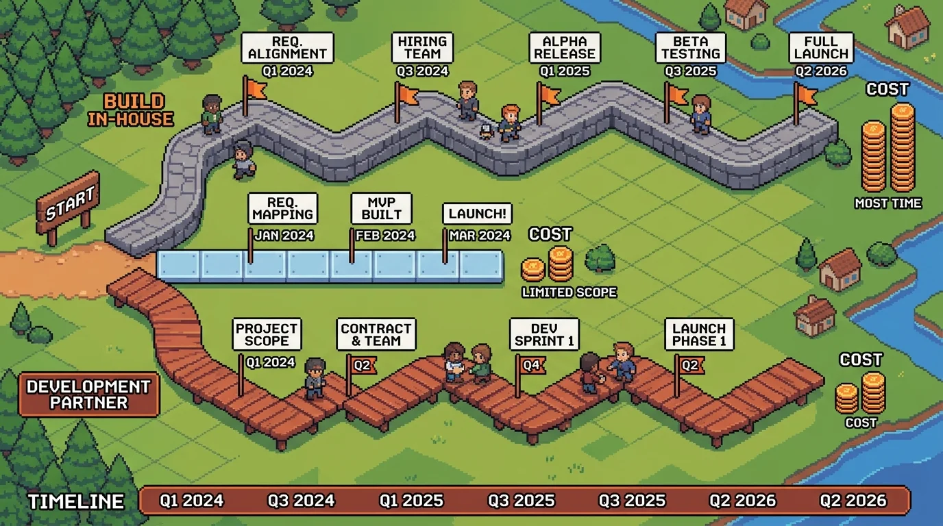 Pixel art comparison of three RAG development paths with timelines and costs