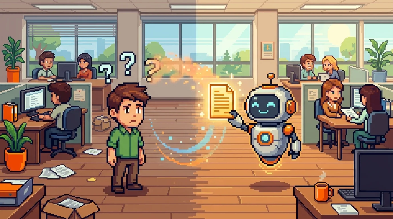 Pixel art illustration of new employee onboarding with RAG assistant providing instant answers