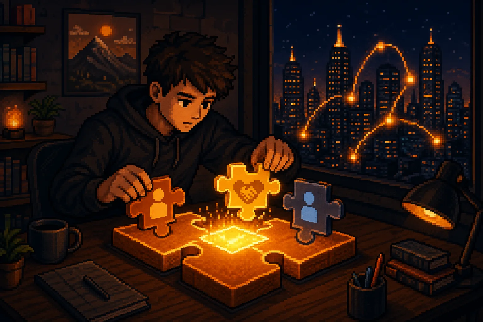Pixel-art depiction of a founder manually bootstrapping marketplace liquidity before scale