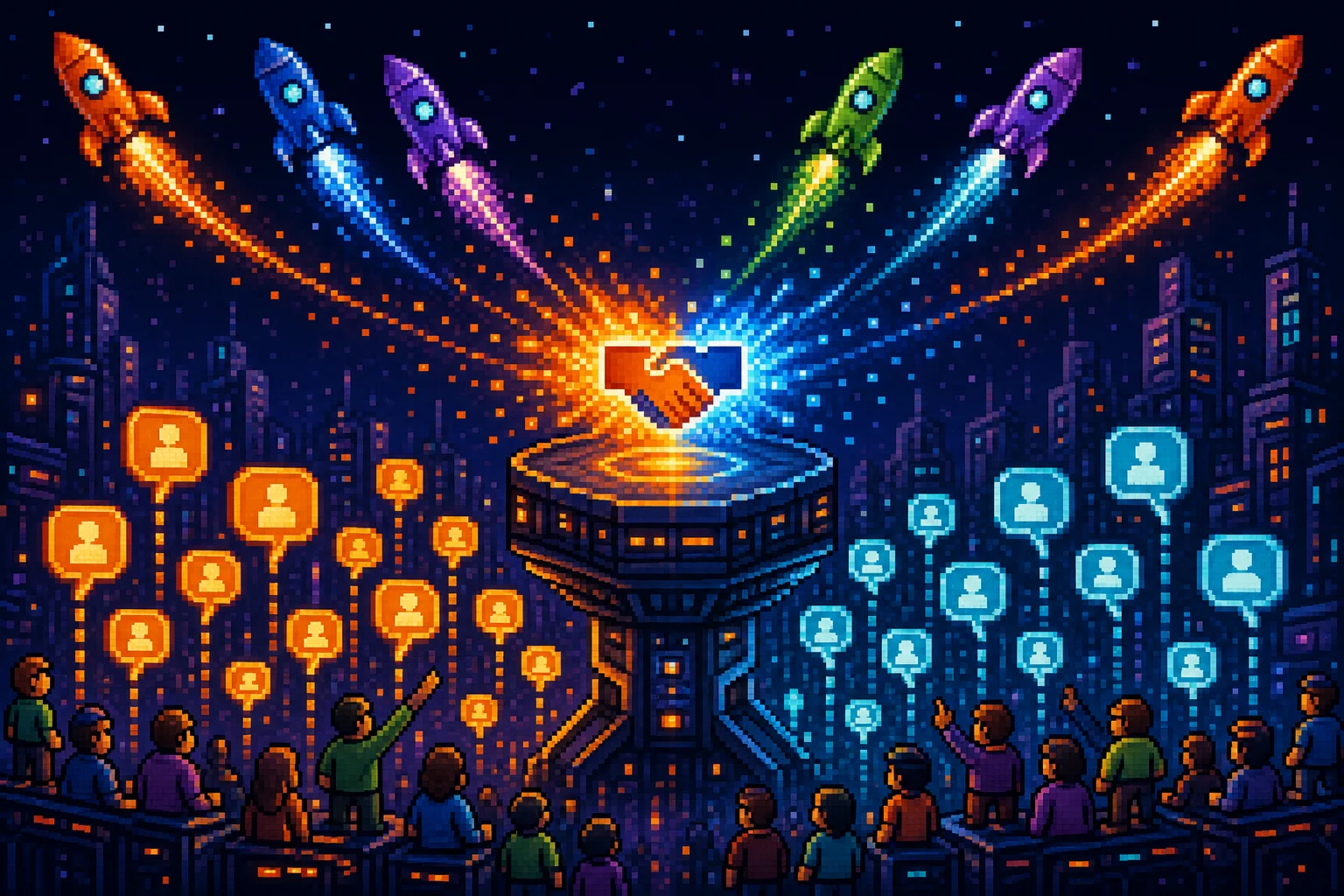 Pixel-art visualization of a reverse marketplace with buyers posting requests and sellers bidding dynamically