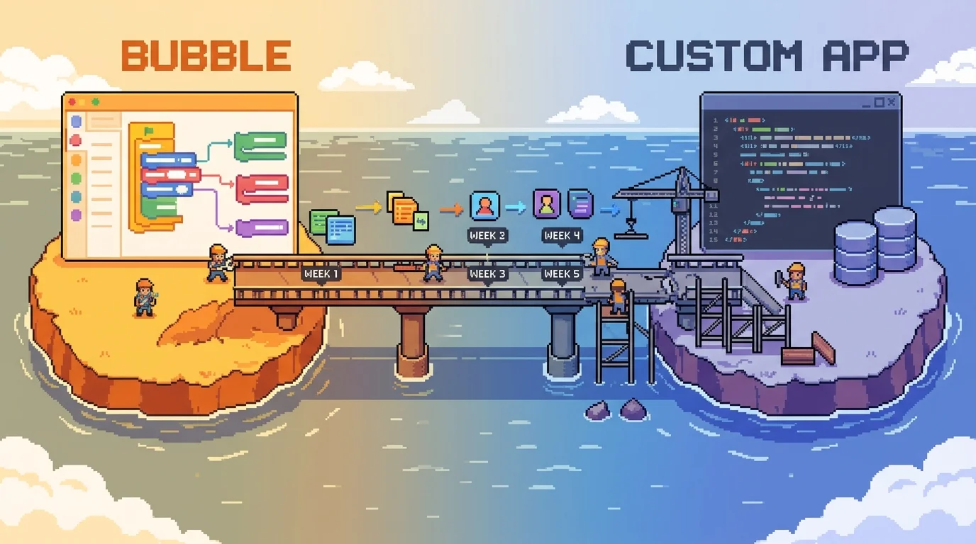 Visual metaphor of the phased migration process from Bubble to custom development
