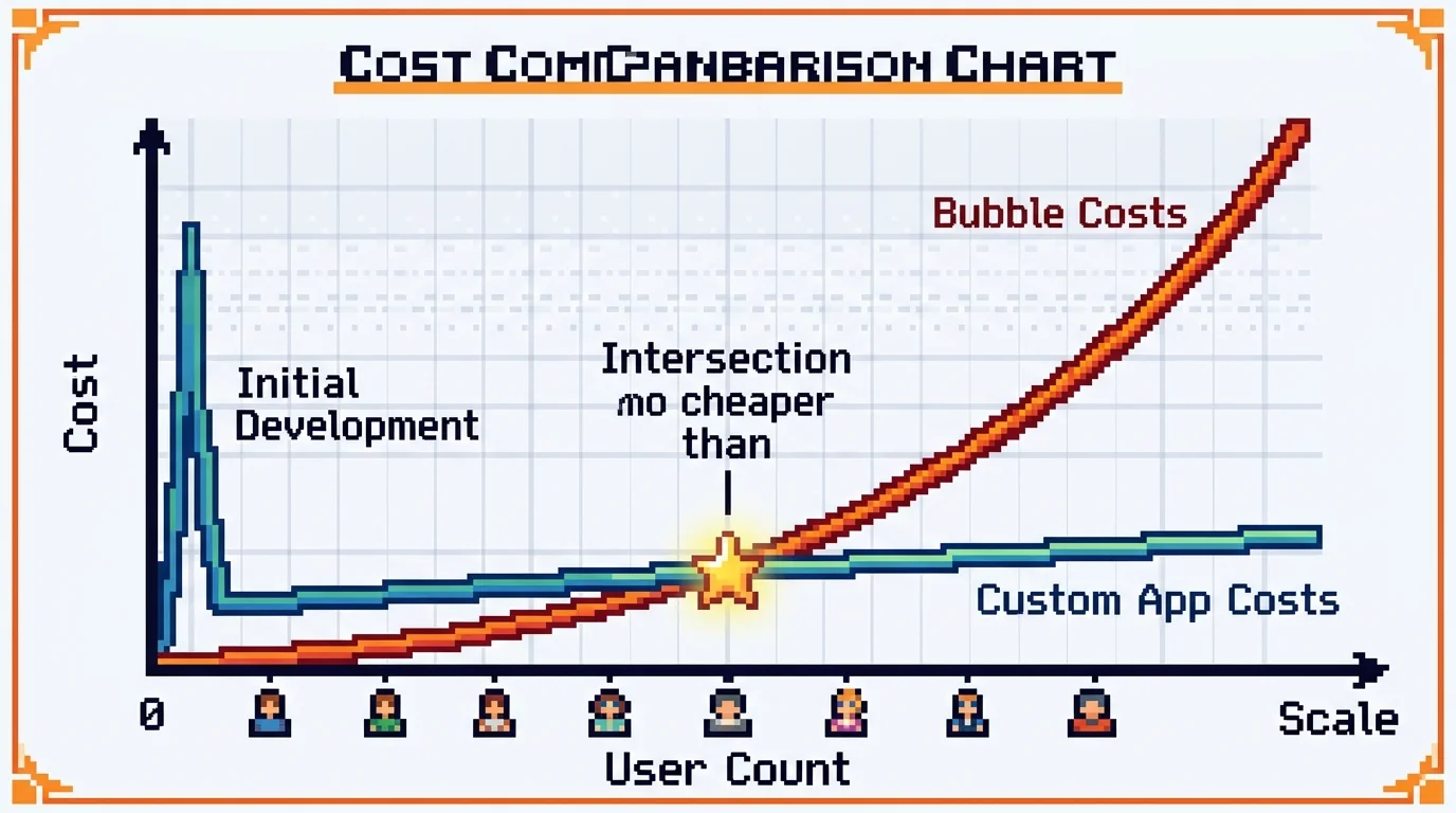 Cost trajectory comparison between Bubble and custom development over time as user base scales