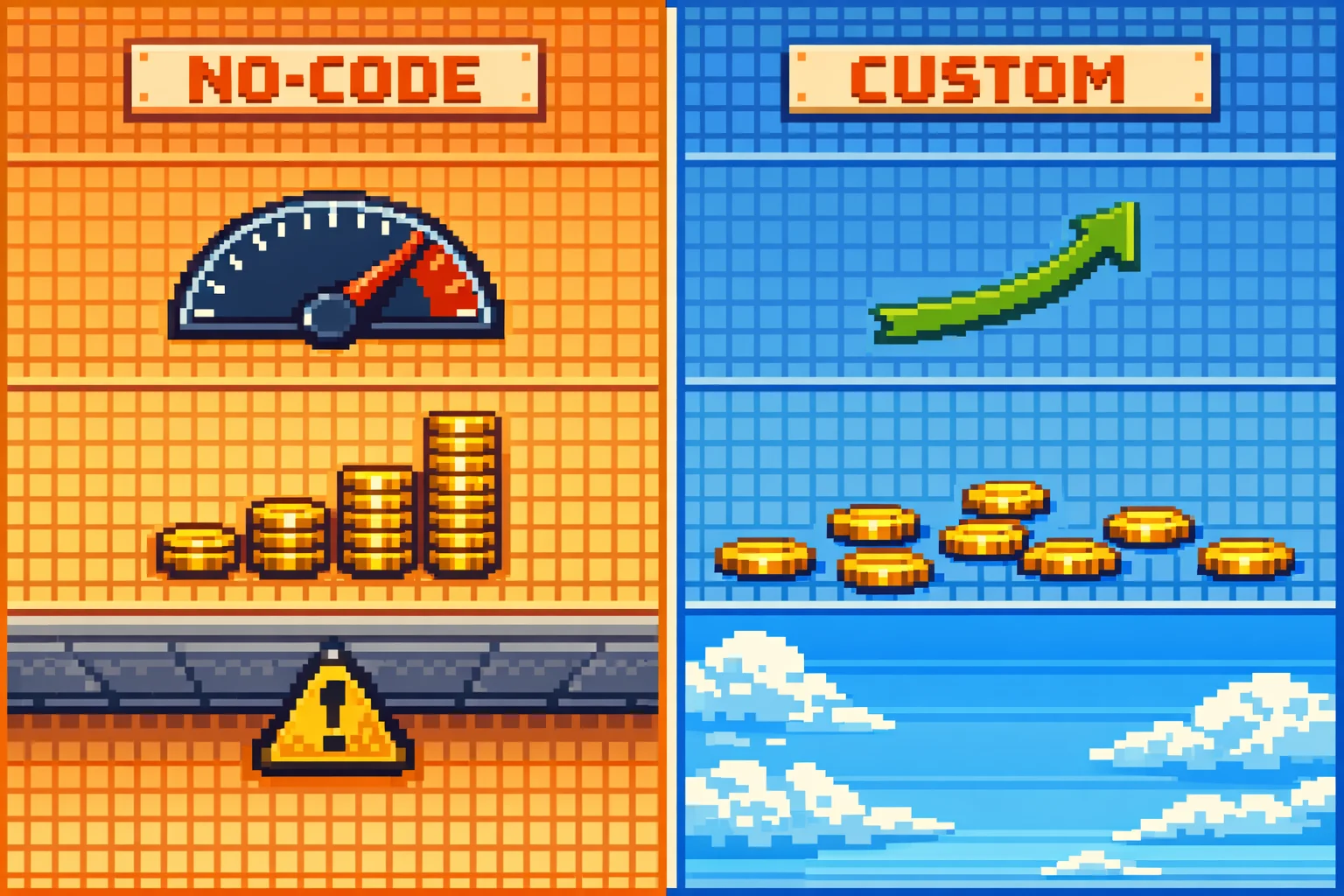 Visual comparison of timeline, cost, and growth ceiling between no-code and custom development