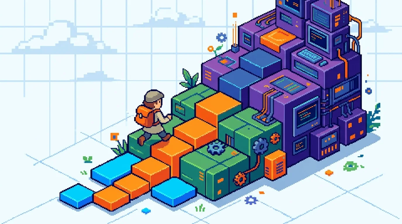 Pixel-art staircase showing simple, mid-range, and complex marketplace MVP tiers with increasing cost and features