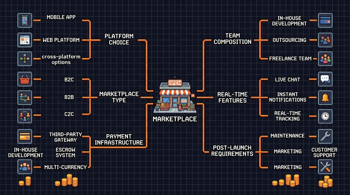 Pixel-art decision tree showing different marketplace MVP cost drivers branching from a central idea