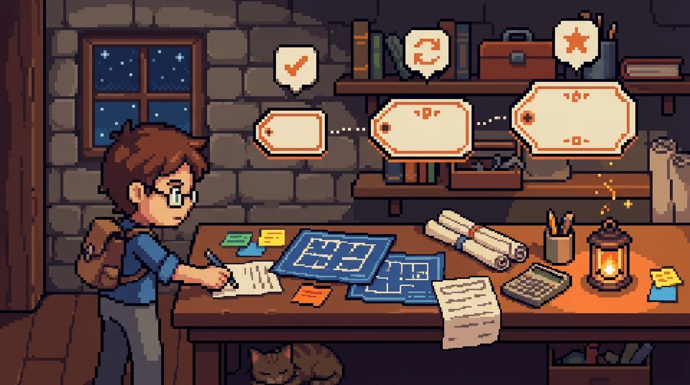 Pixel-art founder planning marketplace MVP costs with blueprints and multiple estimates