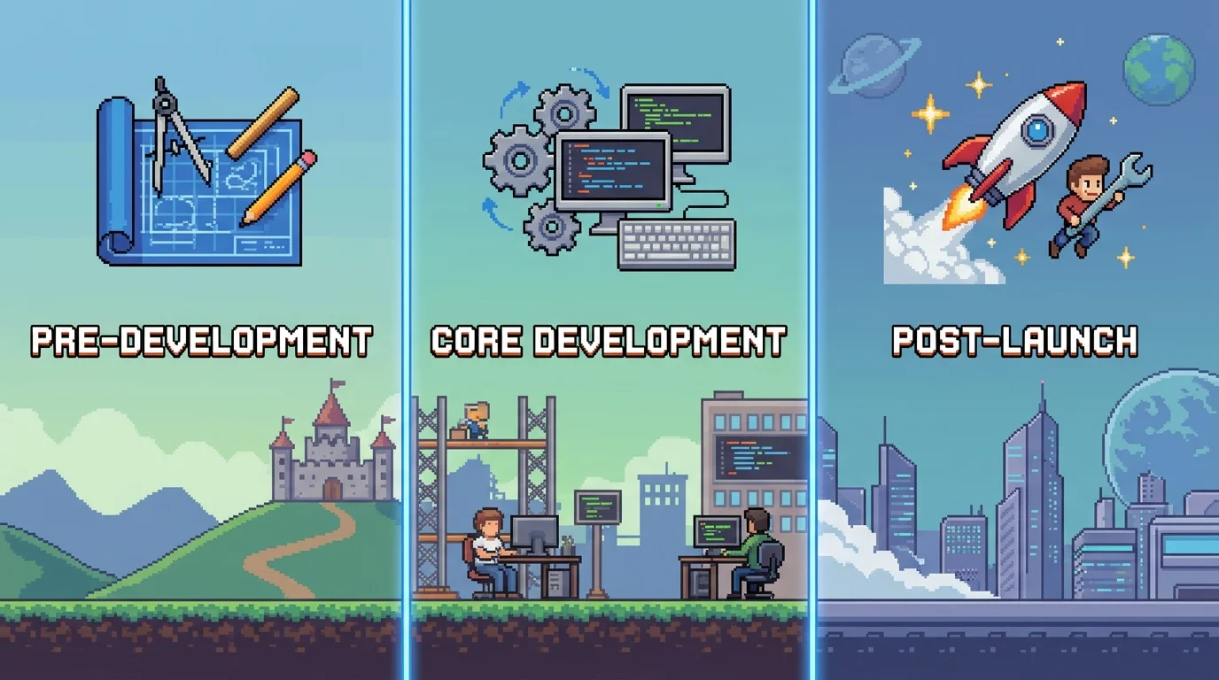 Pixel-art timeline showing pre-development, core development, and post-launch phases of a marketplace MVP