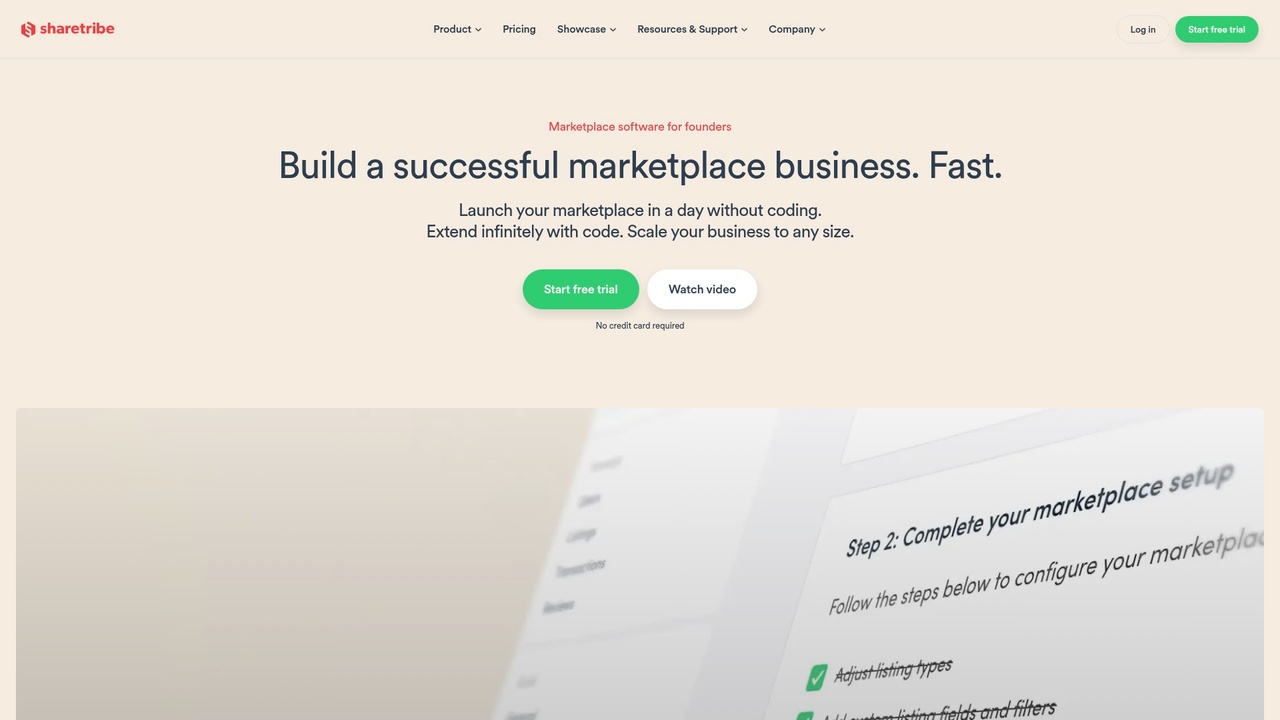 Screenshot of Sharetribe homepage highlighting white-label marketplace solution benefits